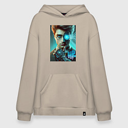Толстовка-худи оверсайз Cyber Harry Potter - ai art neon fantasy, цвет: миндальный