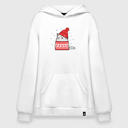 Толстовка-худи оверсайз Кот в свитере с оленями и красной шапке, цвет: белый