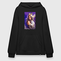 Толстовка-худи оверсайз Девушка-лиса с лисёнком нейроарт, цвет: черный