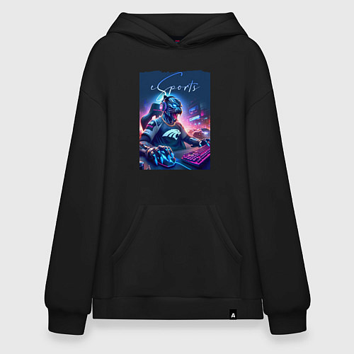 Худи оверсайз Cyber panther is esports player - neon glow / Черный – фото 1