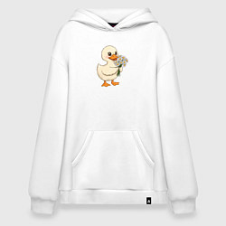 Толстовка-худи оверсайз Милая уточка с букетом ромашек, цвет: белый