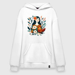 Толстовка-худи оверсайз Девушка и курица в окружении цветов, цвет: белый