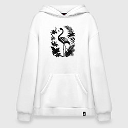 Толстовка-худи оверсайз Черный фламинго в цветах, цвет: белый