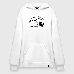 Толстовка-худи оверсайз Хэллоуин, привидение и черный кот, цвет: белый