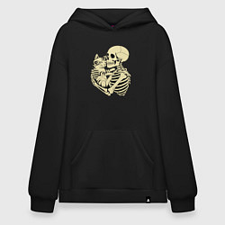 Толстовка-худи оверсайз Скелет и котёнок, цвет: черный