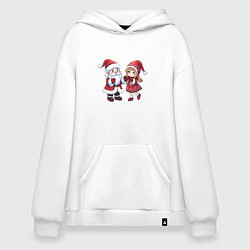 Толстовка-худи оверсайз Мультяшные Дед Мороз и Снегурочка держатся за руки, цвет: белый