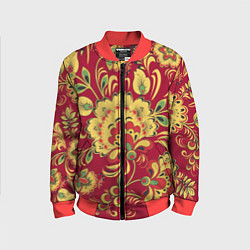 Бомбер детский Хохломская Роспись Цветы На красном Фоне, цвет: 3D-красный