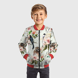 Бомбер детский Цветы Нарисованные Магнолии и Птицы, цвет: 3D-красный — фото 2