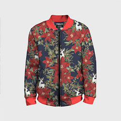 Бомбер детский Новый год 2023 красные цветы и олени, цвет: 3D-красный