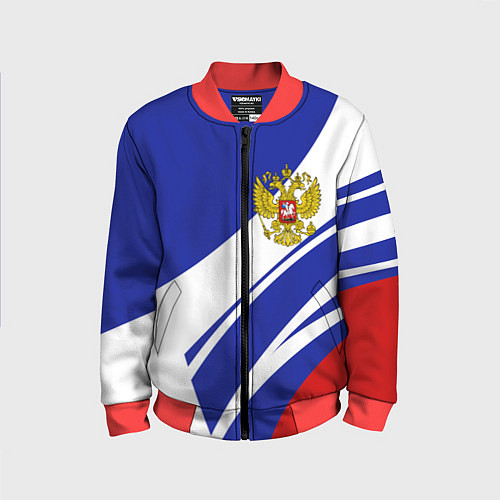Детский бомбер Герб России на абстрактных полосах / 3D-Красный – фото 1