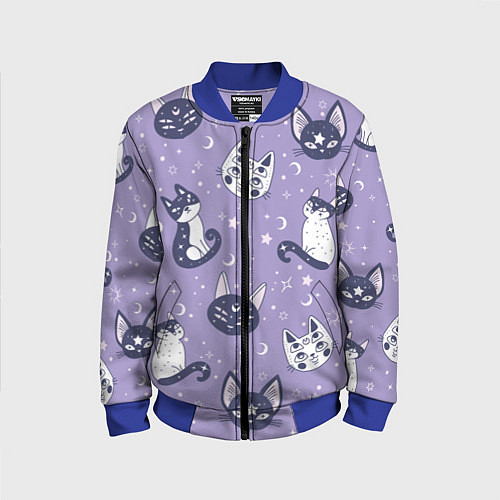 Детский бомбер Мистические кошечки - паттерн фиолетовый / 3D-Синий – фото 1
