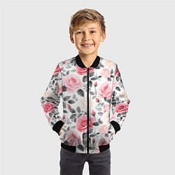Бомбер детский Розовые розы и серые листочки - паттерн, цвет: 3D-черный — фото 2