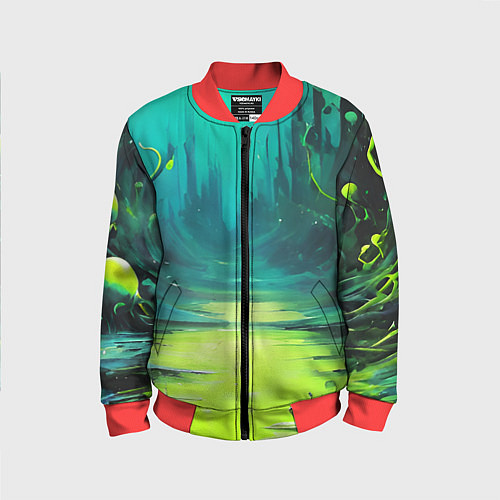 Детский бомбер Зелёная кислотная абстракция / 3D-Красный – фото 1