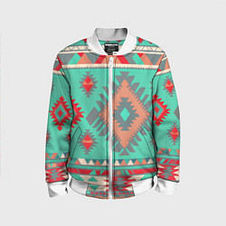 Бомбер детский Оранжево бирюзовый геометрический узор в стиле ацт, цвет: 3D-белый