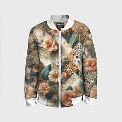 Бомбер детский Цветы на кусках мрамора и леопардовом узоре, цвет: 3D-белый