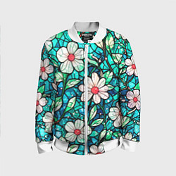 Бомбер детский Цветочный сине-зелёный витраж, цвет: 3D-белый