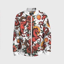 Бомбер детский Красный конь в стиле татуировки, цвет: 3D-белый