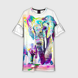 Платье клеш для девочки Акварельные слоны, цвет: 3D-принт