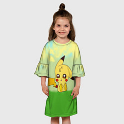Платье клеш для девочки Пикачу на травке, цвет: 3D-принт — фото 2