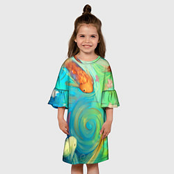 Платье клеш для девочки Золотые рыбы в море абстракции, цвет: 3D-принт — фото 2