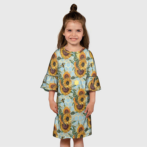 Детское платье Подсолнухи и пчёлы на голубом / 3D-принт – фото 3
