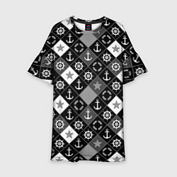 Платье клеш для девочки Черно-белый морской плед, цвет: 3D-принт