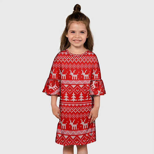 Детское платье Новогодний узор с оленями и елкой / 3D-принт – фото 3