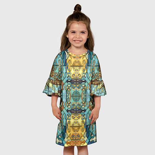 Детское платье Коллекция Фрактальная мозаика Желто-голубой / 3D-принт – фото 3