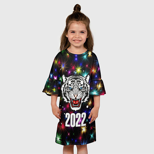Детское платье БЕЛЫЙ ТИГР 2022 И НОВОГОДНИЕ ОГНИ / 3D-принт – фото 3