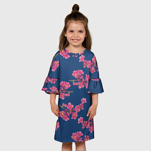 Детское платье Веточки айвы с розовыми цветами на синем фоне / 3D-принт – фото 3