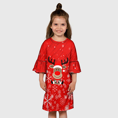 Детское платье Снежинки летящие и Олень с подарком / 3D-принт – фото 3