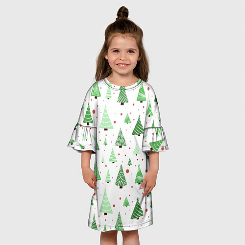 Детское платье Много разных зелёных ёлочек на белом фоне плюс кра / 3D-принт – фото 3