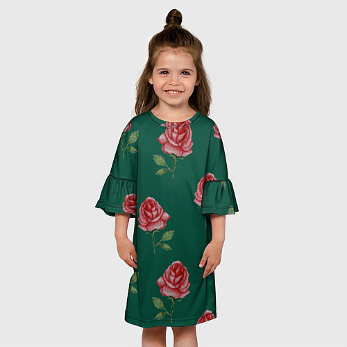 Детское платье Ярко красные розы на темно-зеленом фоне / 3D-принт – фото 3