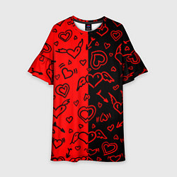 Платье клеш для девочки Черно-Красные сердца с крылышками, цвет: 3D-принт
