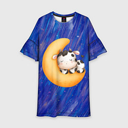 Платье клеш для девочки Спящий бычок на луне, цвет: 3D-принт
