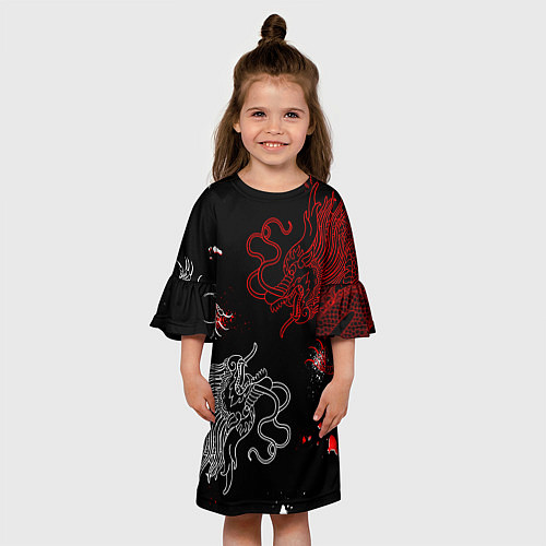 Детское платье Китайский дракон Красно - Белый / 3D-принт – фото 3