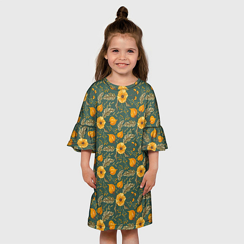 Детское платье Желтые цветочки и листья / 3D-принт – фото 3