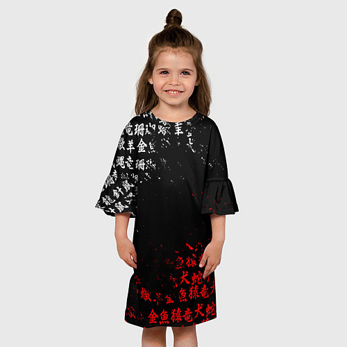 Детское платье КРАСНО БЕЛЫЕ ИЕРОГЛИФЫ ЯПОНИЯ БРЫЗГИ / 3D-принт – фото 3
