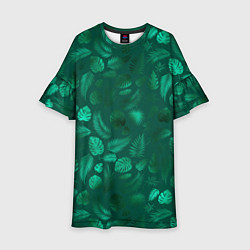 Платье клеш для девочки Яркие зеленые листья, цвет: 3D-принт