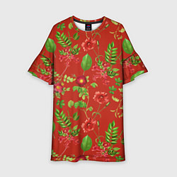 Платье клеш для девочки Паттерн из листьев на красном фоне, цвет: 3D-принт