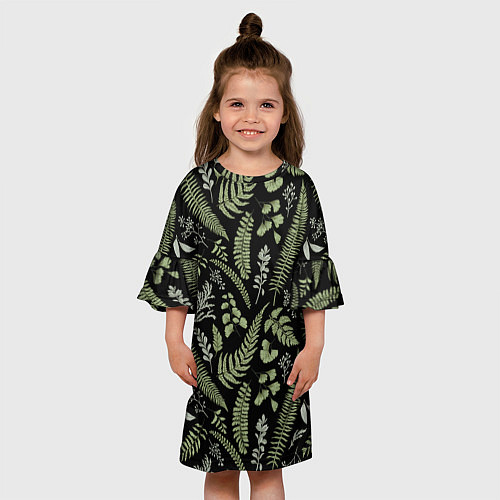 Детское платье Зелёные листья папоротника на черном фоне / 3D-принт – фото 3