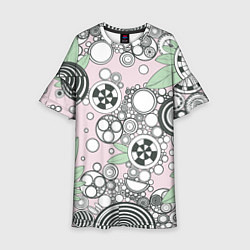 Платье клеш для девочки Абстрактные черно-белые круги в зелёных листьях, цвет: 3D-принт