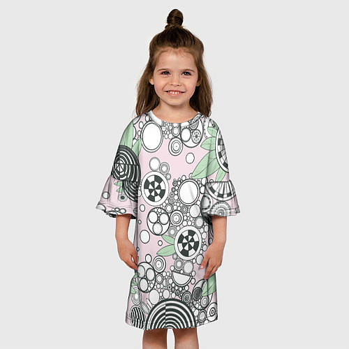 Детское платье Абстрактные черно-белые круги в зелёных листьях / 3D-принт – фото 3