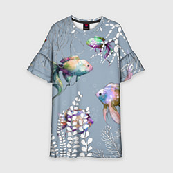 Платье клеш для девочки Разноцветные акварельные рыбки и белые водоросли, цвет: 3D-принт