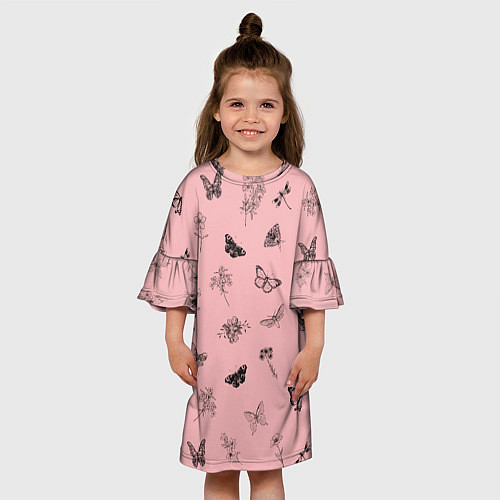 Детское платье Цветочки и бабочки на розовом фоне / 3D-принт – фото 3