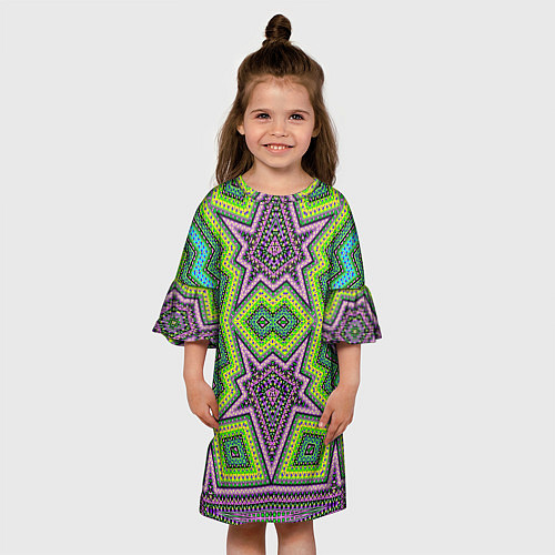 Детское платье Яркий восточный орнамент в зелено-розовых цветах / 3D-принт – фото 3