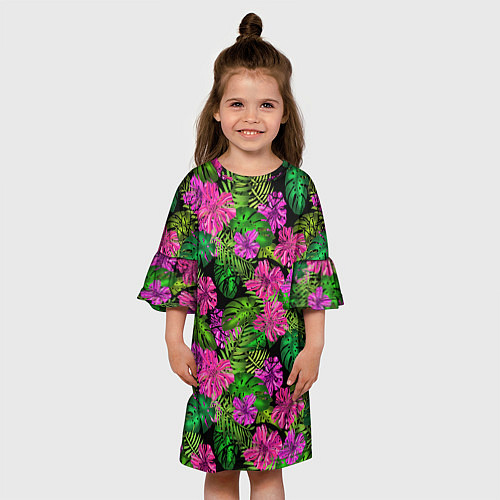Детское платье Тропические листья и цветы на черном фоне / 3D-принт – фото 3