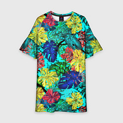Платье клеш для девочки Тропические растения на бирюзовом фоне, цвет: 3D-принт