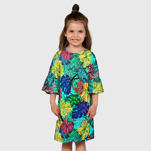 Детское платье Тропические растения на бирюзовом фоне / 3D-принт – фото 3