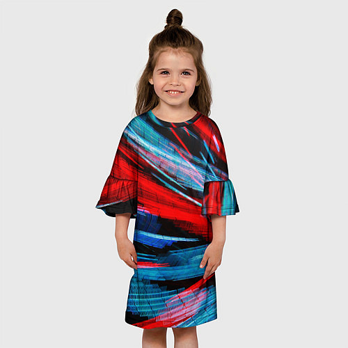 Детское платье Неоновые прерывающиеся линии - Красный и голубой / 3D-принт – фото 3